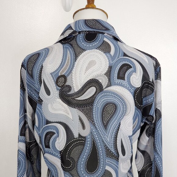 New York & Company Gray Blue Black Paisley French Cuff Retro Top Blouse Size XS - Picture 8 of 13